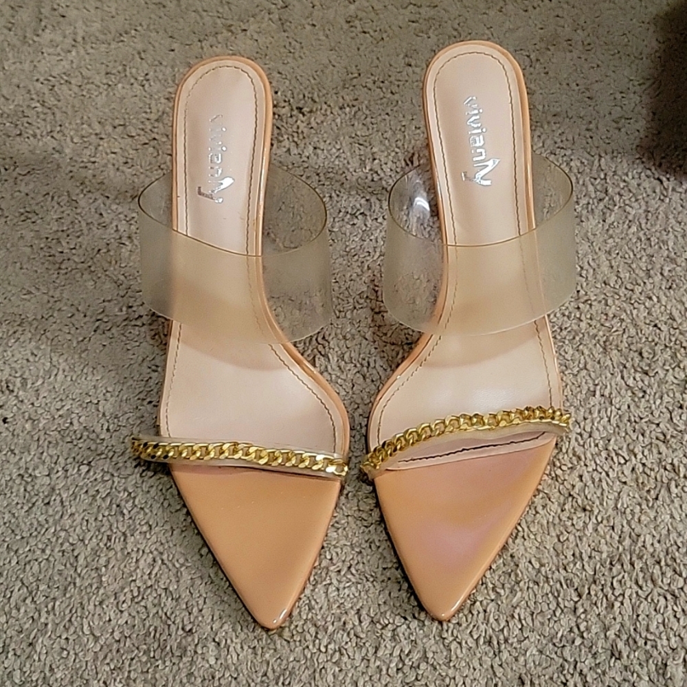 Nude Backless Pointed Toe Heels with Gold Chain Details